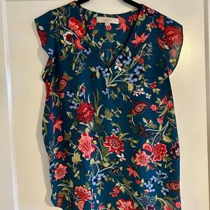 LOFT Teal Floral Cap Sleeve Blouse